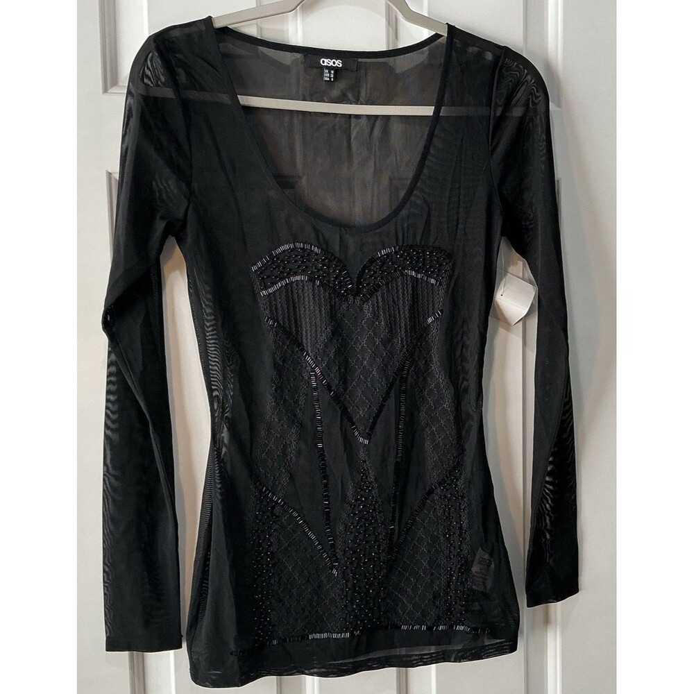 NEW ASOS Beaded Embellished Embroidered Sheer Long Sleeve Top Blouse Size 6